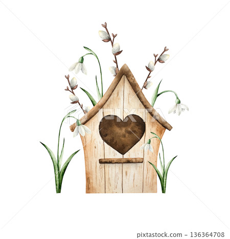 Wood cute birdhouse with willow branches. Watercolor spring, easter hand drawn illustration isolated on background, transparent png. Botanical and wedding clip art. For greeting card, wallpaper 136364708