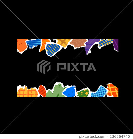 A bright rectangular frame with multicolored pieces of torn paper along the top and bottom. A bright rectangular frame with multicolored pieces of torn paper along the top and bottom. 136364740