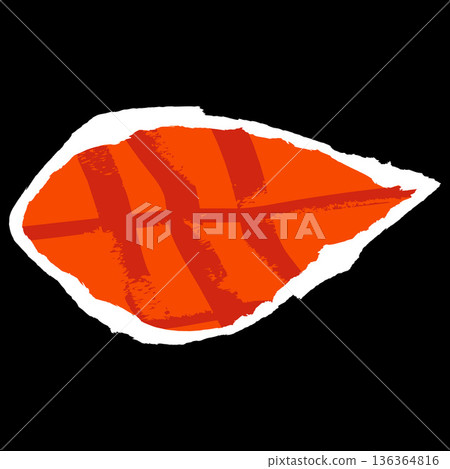 Cut out of orange paper leaf shape with crayon painting stroke pattern and torn edge paper piece, vector childish strips Cut out of orange paper leaf shape with crayon painting stroke pattern and torn edge paper piece, vector childish strips 136364816