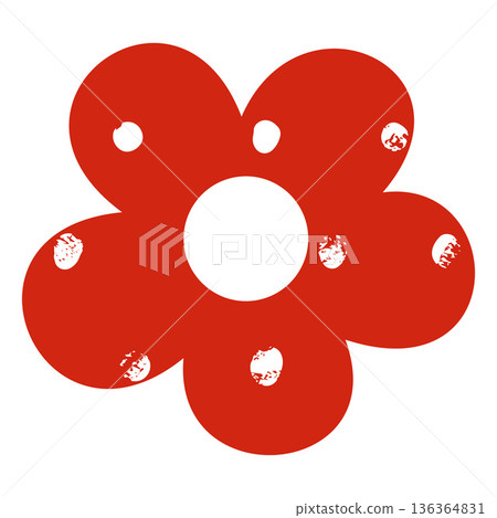 A red paper flower cutout with textured white spots and five petals. 136364831