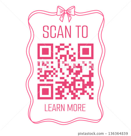 QR code in vintage pink ribbons frame with bows knot, scan to learn more border coquette style, vector sticker scanner 136364839