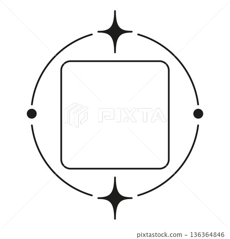 Scan round frame QR code placeholder in Y2K aesthetic style, black line circle border with sparkle stars vector sticker Scan round frame QR code placeholder in Y2K aesthetic style, black line circle border with sparkle stars vector sticker 136364846