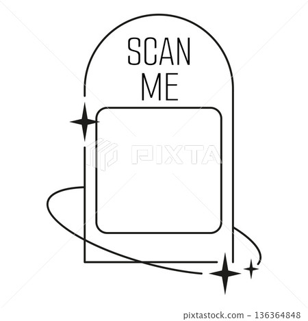Scan Me QR code placeholder frame Y2K aesthetic style, black line arch border with ring and sparkle stars vector sticker 136364848