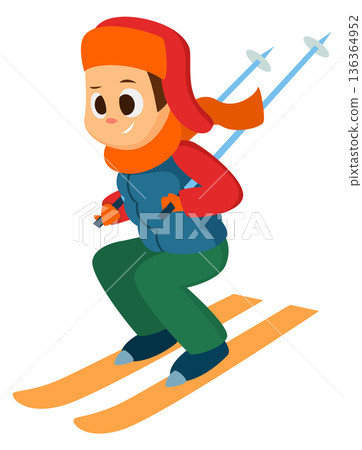 Boy skiing. Cartoon kid winter sport outdoor Boy skiing. Cartoon kid winter sport outdoor 136364952