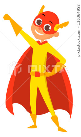 Superhero pose cartoon character. Red cape costume Superhero pose cartoon character. Red cape costume 136364958