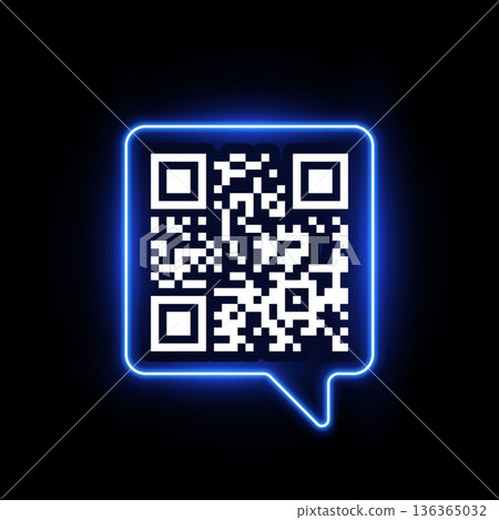 QR code in blue speech bubble glowing neon frame, scan frame with barcode scan for smartphone, vector sticker template 136365032