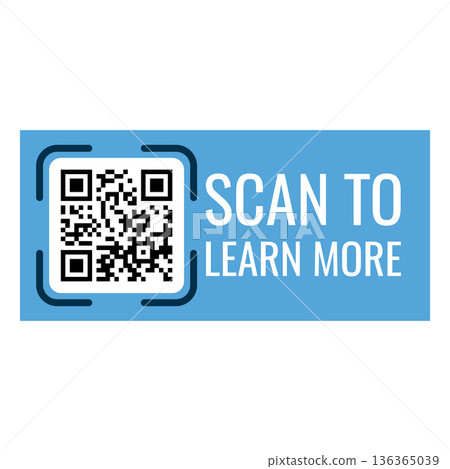 QR code blue frame, scan viewfinder frame with QR code and inscription Scan to learn more, vector sticker mobile scanner 136365039