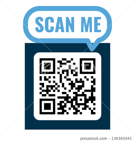 QR code blue frame with Scan me speech bubble, scan viewfinder frame with QR code vector sticker template mobile scanner 136365041