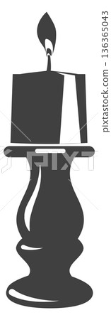 Candlestick with burning candle black silhouette. Vintage decoration 136365043