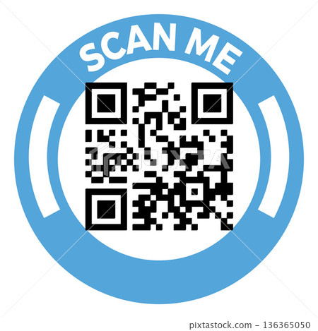 Scan Me QR code placeholder blue round frame, vector app sticker template for mobile scanner and contactless payment 136365050