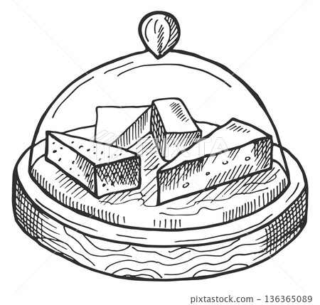 Cheese plate drawing. Served restaurant cuisine engraving Cheese plate drawing. Served restaurant cuisine engraving 136365089