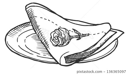 Napkin on plate engraving. Served dinner symbol drawing Napkin on plate engraving. Served dinner symbol drawing 136365097