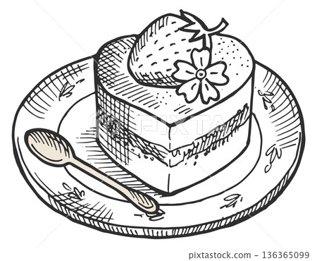 Dessert on plate sketch. Sweet fruit cake drawing Dessert on plate sketch. Sweet fruit cake drawing 136365099