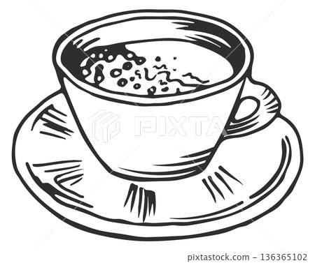 Coffee cup. Ceramic saucer hand drawn icon 136365102