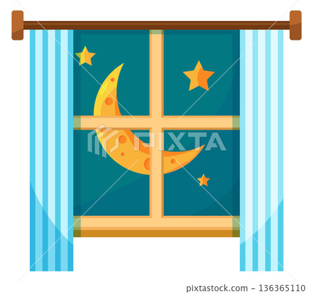 Night time cartoon icon. Star sky in window frame. 136365110