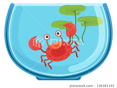 Funny crab in fish tank. Cartoon marine pet 136365145