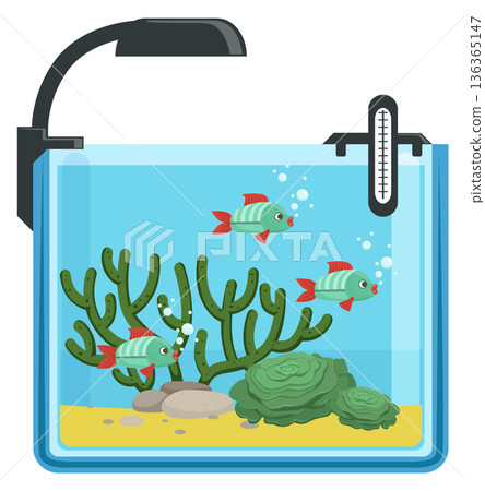 Tropical fish. Cartoon exotic pet with aquarium decoration Tropical fish. Cartoon exotic pet with aquarium decoration 136365147