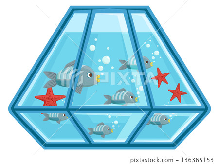 Decorative aquarium with fish. Marine tropical pet icon Decorative aquarium with fish. Marine tropical pet icon 136365153