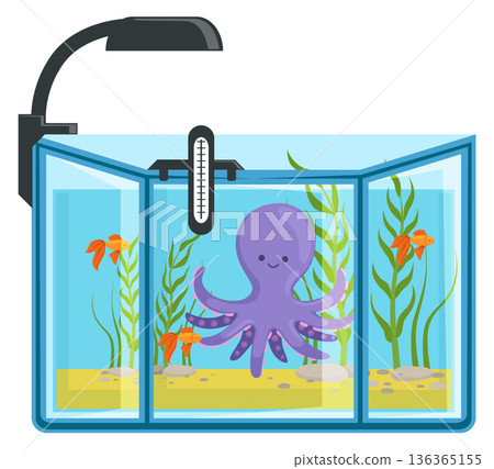 Cute octopus in fish tank. Cartoon aquarium icon 136365155