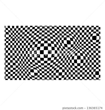 Abstract black and white distorted checkered vector pattern, psychedelic optical illusion wallpaper, round curve surface Abstract black and white distorted checkered vector pattern, psychedelic optical illusion wallpaper, round curve surface 136365174