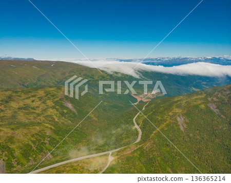 Road trough mountains Norway. Aerial view 136365214