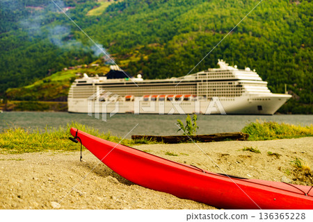 Kayak and cruise ship in Flam, Norway Kayak and cruise ship in Flam, Norway 136365228