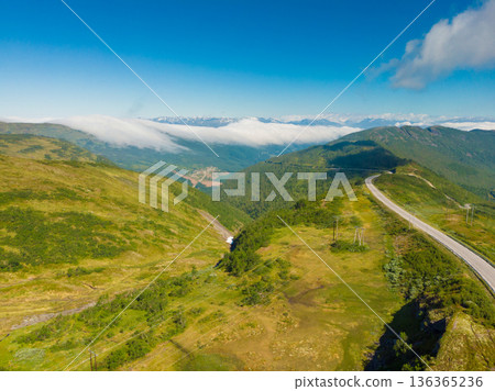 Road trough mountains Norway. Aerial view Road trough mountains Norway. Aerial view 136365236