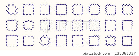 Wavy organic rectangle set with fluid curves, zigzag borders, and uneven blob shapes. Ideal for speech bubbles, banners, and child-friendly design elements. 136365337
