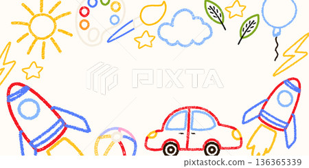 Cute crayon square frame of kindergarten drawing, frog, car, rocket, cloud, sun illustration. Designed for kindergarten templates, kids birthday banners, cheerful preschool graphics. 136365339