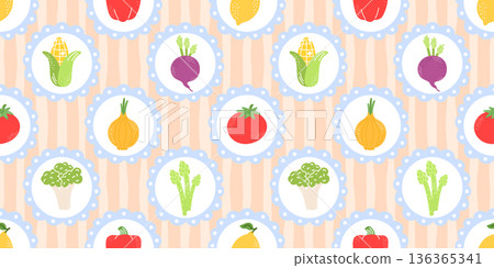 Seamless cute vegetable pattern with tomatoes, beets, corns and broccoli in a playful doodle style. Designed for organic food packaging, kitchen textiles, and autumn backgrounds 136365341