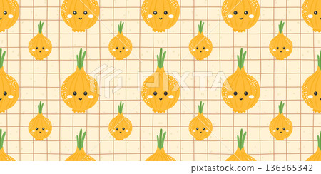 Seamless kawaii onion pattern with cute bulbs on a soft gingham background. Designed for kitchen textiles, food packaging, and playful grocery-themed prints. 136365342