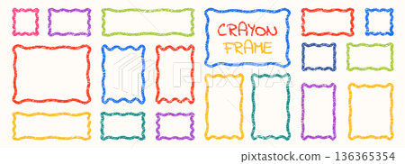 Crayon frame set with wiggly square and circle boxes, uneven lines, and playful scribbles. Designed for kids templates, text highlights, and cheerful educational graphics. 136365354