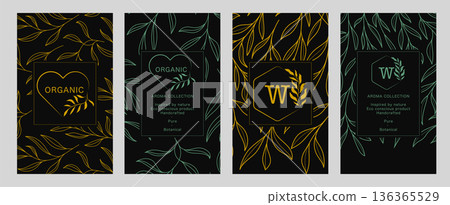 Label, Poster, Card, and Flyer Set with Line Art Leaves and Patterns, Organic Botanical Packaging Vector Design, Illustration Set 136365529