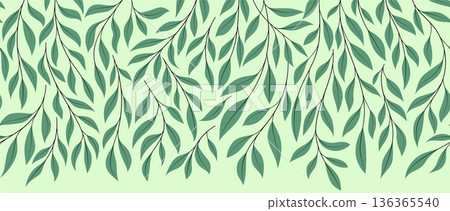 Long Seamless Pattern with Hanging Willow Branches and Hand-Drawn Leaves, Organic Botanical Background in a Vector Illustration Long Seamless Pattern with Hanging Willow Branches and Hand-Drawn Leaves, Organic Botanical Background in a Vector Illustration 136365540