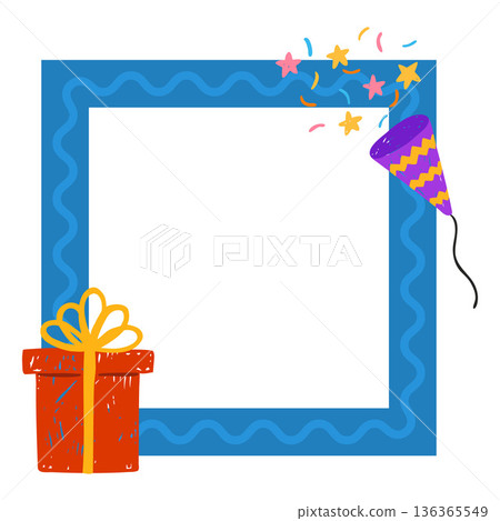 A blue square frame with a wave pattern, a gift box, and a popper, in a childish pencil style. A blue square frame with a wave pattern, a gift box, and a popper, in a childish pencil style. 136365549