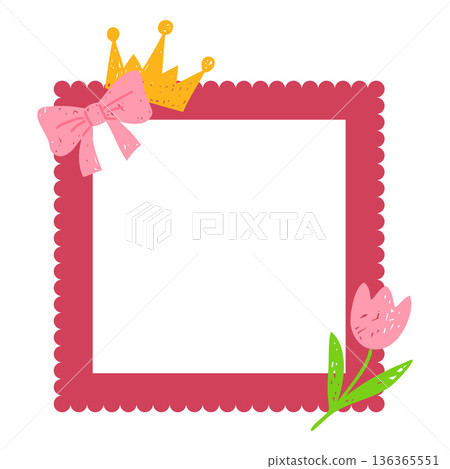 Children's square pink frame with a crown, bow, and tulip, hand-drawn in pencil. Children's square pink frame with a crown, bow, and tulip, hand-drawn in pencil. 136365551