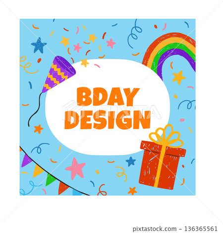 Birthday design vector greeting card, cartoon firecrackers, rainbow, gift box and garland fun decorations crayon sketch 136365561
