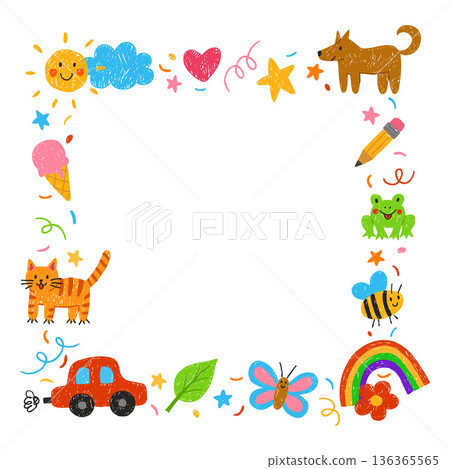 Crayon sketch kids hand drawings frame vector design, cartoon painting artwork pencil texture, cat, rainbow, sun, car Crayon sketch kids hand drawings frame vector design, cartoon painting artwork pencil texture, cat, rainbow, sun, car 136365565