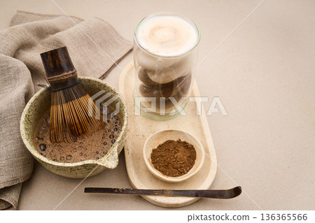 Hojicha latte ingredients and tools for hot drink 136365566