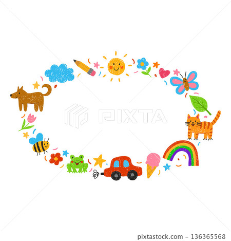 Crayon sketch kids hand drawings oval frame vector design, cartoon border painting artwork pencil or chalk texture Crayon sketch kids hand drawings oval frame vector design, cartoon border painting artwork pencil or chalk texture 136365568