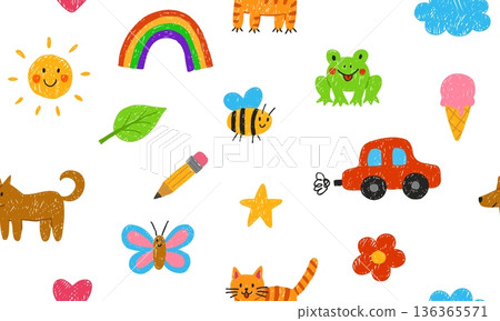 Crayon sketch kids hand drawings seamless pattern vector design, cartoon painting artwork pencil or chalk texture 136365571