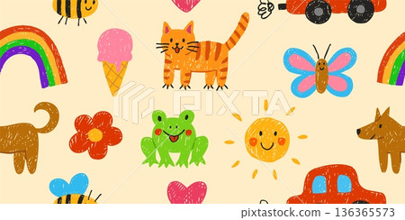 Crayon sketch kids hand drawings seamless pattern vector design, cartoon painting artwork pencil texture, cat, rainbow Crayon sketch kids hand drawings seamless pattern vector design, cartoon painting artwork pencil texture, cat, rainbow 136365573