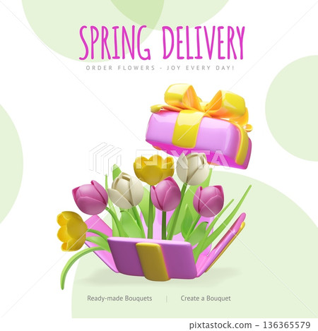 A 3D poster featuring a bouquet of pink tulips in a gift box with a yellow ribbon and bow. A 3D poster featuring a bouquet of pink tulips in a gift box with a yellow ribbon and bow. 136365579