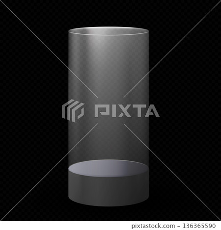 A transparent glass cylindrical podium with a gray base on a black isolated background. A transparent glass cylindrical podium with a gray base on a black isolated background. 136365590