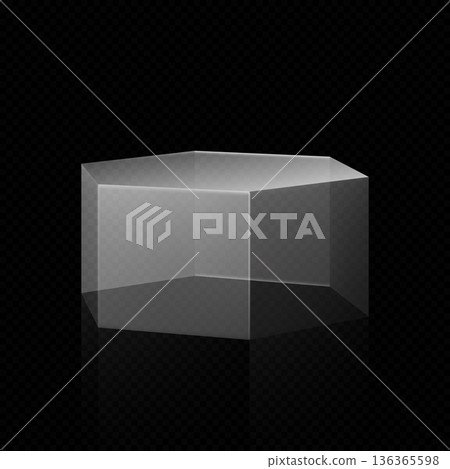 3D glass hexagon shape, vector exhibition display transparent short box, empty crystal pedestal for product showcase 3D glass hexagon shape, vector exhibition display transparent short box, empty crystal pedestal for product showcase 136365598