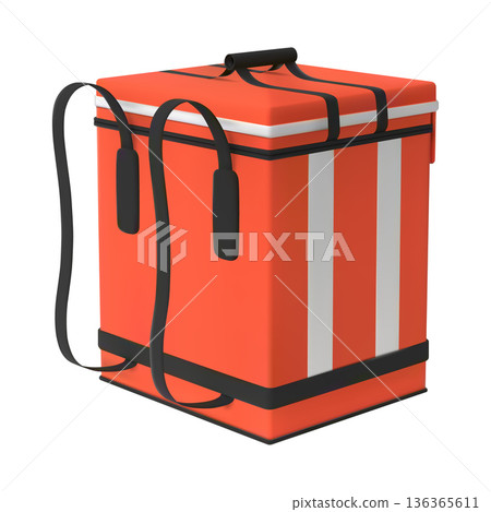 3D food delivery backpack, square, red, closed lid, back view. 136365611