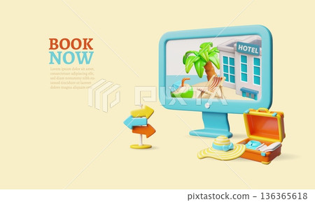 Hotel booking service landing page 3D vector design, resort building on the beach with palm trees and coconut cocktail 136365618