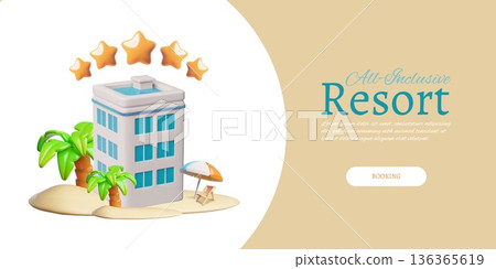 Resort all inclusive booking service 3D vector banner design, hotel building on the beach with five stars rating Resort all inclusive booking service 3D vector banner design, hotel building on the beach with five stars rating 136365619