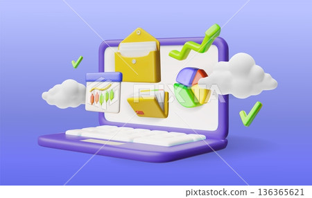 3D laptop, with document folders, graphs, a cloud, green arrows, and check marks on the screen. 3D laptop, with document folders, graphs, a cloud, green arrows, and check marks on the screen. 136365621