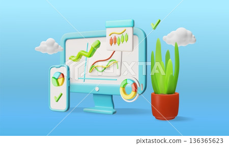 Workspace on computer screen 3D vector, analysis diagram, candlestick chart and linear graphs, business management 136365623